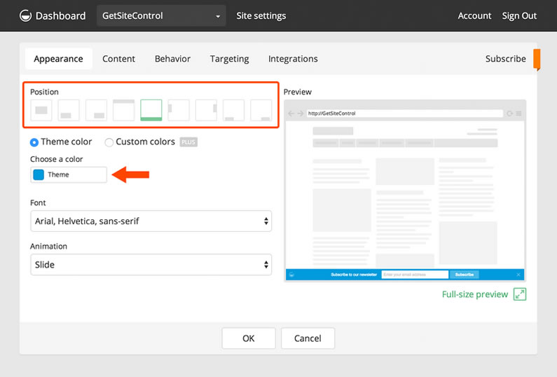 getsitecontrol email subscribe widget position