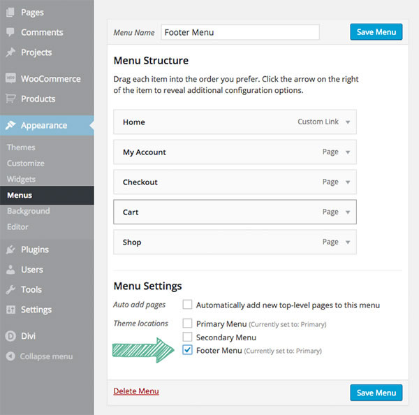 divi 2.4 footer menu controls