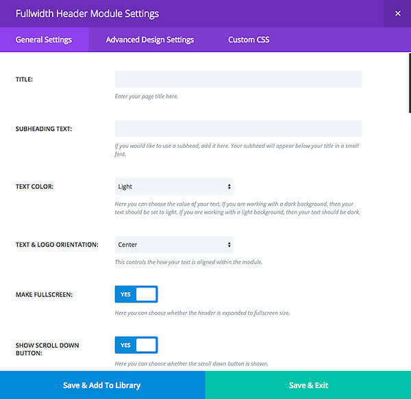 divi fullwidth header module settings