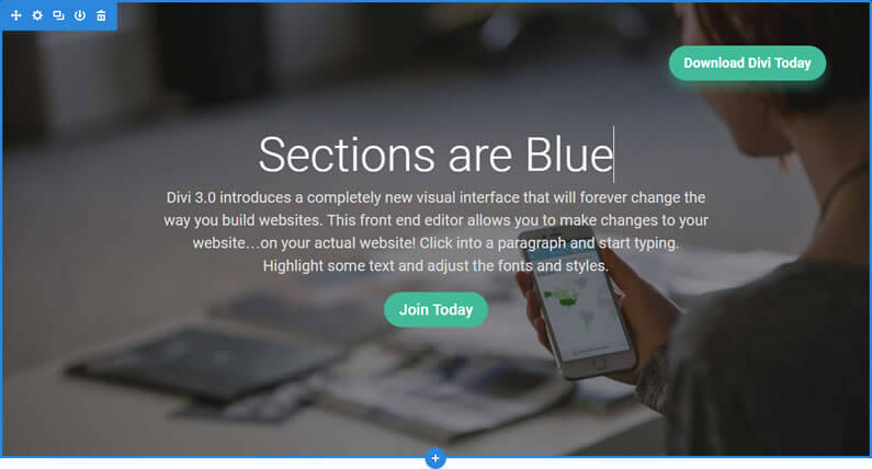 visual page builder blue sections