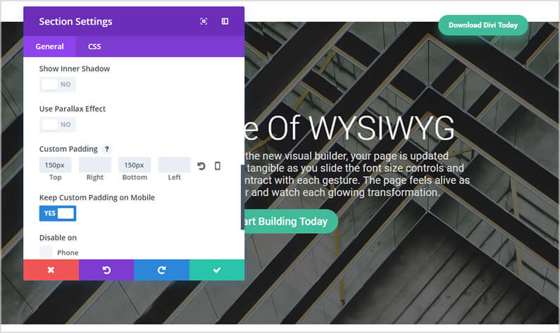 divi visual builder settings panel