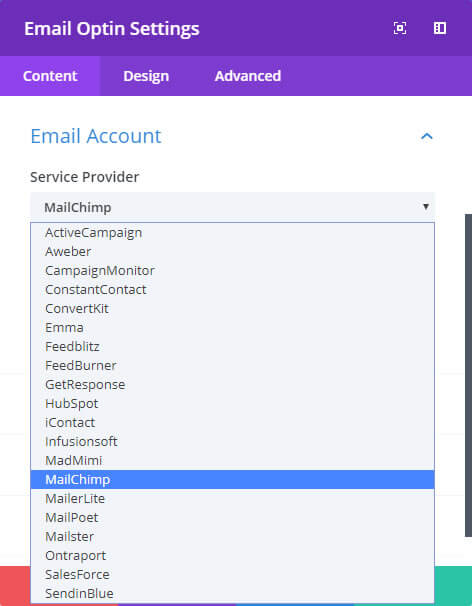 divi email optin module with support for 17 new email service providers