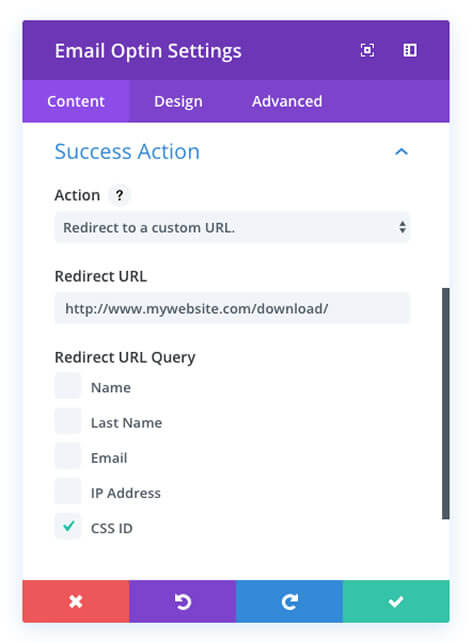 divi email optin module with redirect to custom url