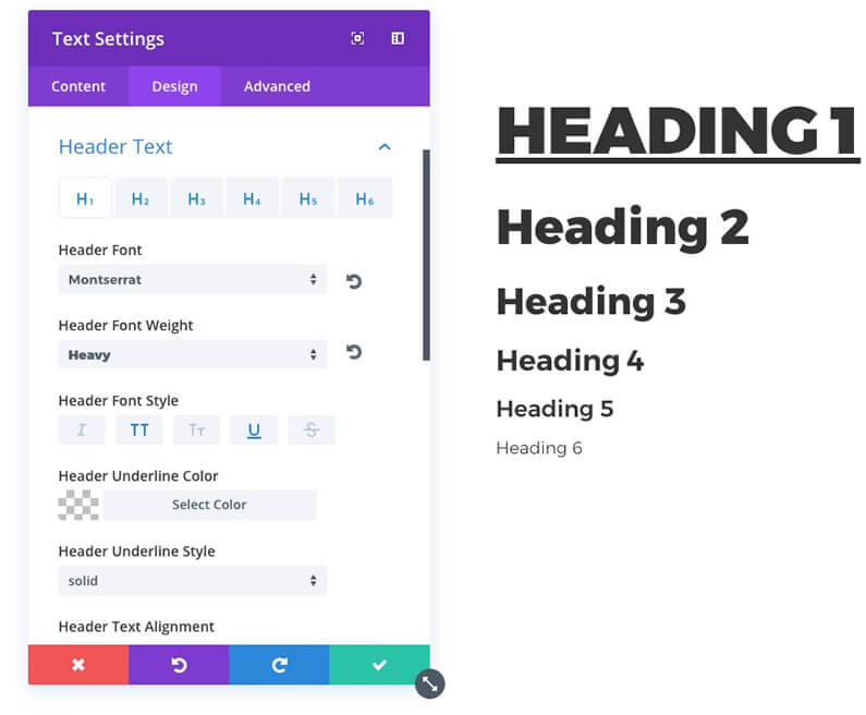 divi font heading controls for all modules